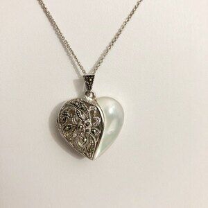 Filigree MOP Heart Locket Necklace Silver Tone